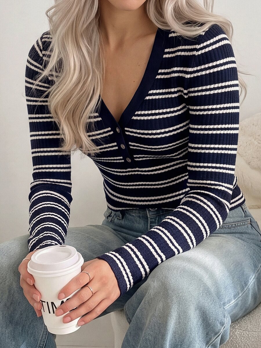 Easowa Women's Minimalist Striped Contrast Color Button Long Sleeve T-Shirt For Daily Wear - Navy Blue - View 1