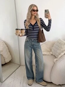 Easowa Women's Minimalist Striped Contrast Color Button Long Sleeve T-Shirt For Daily Wear - Navy Blue - View 5