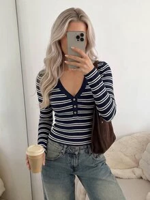 Easowa Women's Minimalist Striped Contrast Color Button Long Sleeve T-Shirt For Daily Wear - Navy Blue - View 3