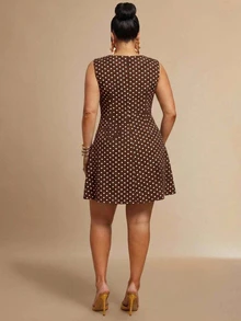 SHEIN BAE 大尺碼女款復古波點圖案布料背心洋裝，適合春季/夏季，音樂節、派對 - 咖啡棕 - 查看 2
