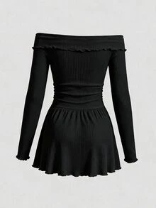 SHEIN MOD 露肩罗纹针织图案女士休闲家居连衣裙，舒适保暖，秋冬必备 - 黑色 - 查看 4