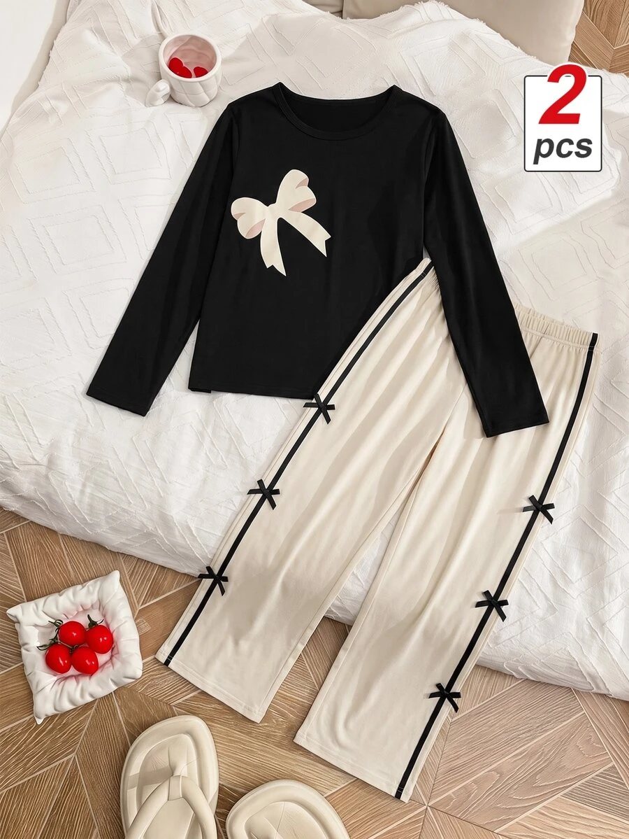 SHEIN MOD بيجامة نسائية كاجوال بياقة مستديرة وأكمام طويلة مطبوعة بالفيونكة - أصفر - مشاهدة 1