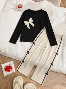 SHEIN MOD بيجامة نسائية كاجوال بياقة مستديرة وأكمام طويلة مطبوعة بالفيونكة - أصفر - مشاهدة 7