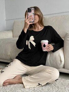 SHEIN MOD بيجامة نسائية كاجوال بياقة مستديرة وأكمام طويلة مطبوعة بالفيونكة - أصفر - مشاهدة 2