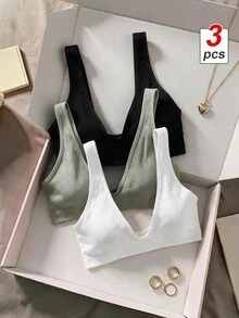 SHEIN MOD 3入組素色條紋針織無鋼圈內衣 - 彩色 - 查看 2