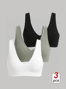 SHEIN MOD 3入組素色條紋針織無鋼圈內衣 - 彩色 - 查看 3