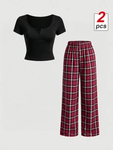 SHEIN MOD 2pcs/Set Atasan Lengan Pendek Kancing Depan Leher Persegi Seksi Ramping dan Celana Kotak-kotak untuk Bersantai - Hitam - View 3