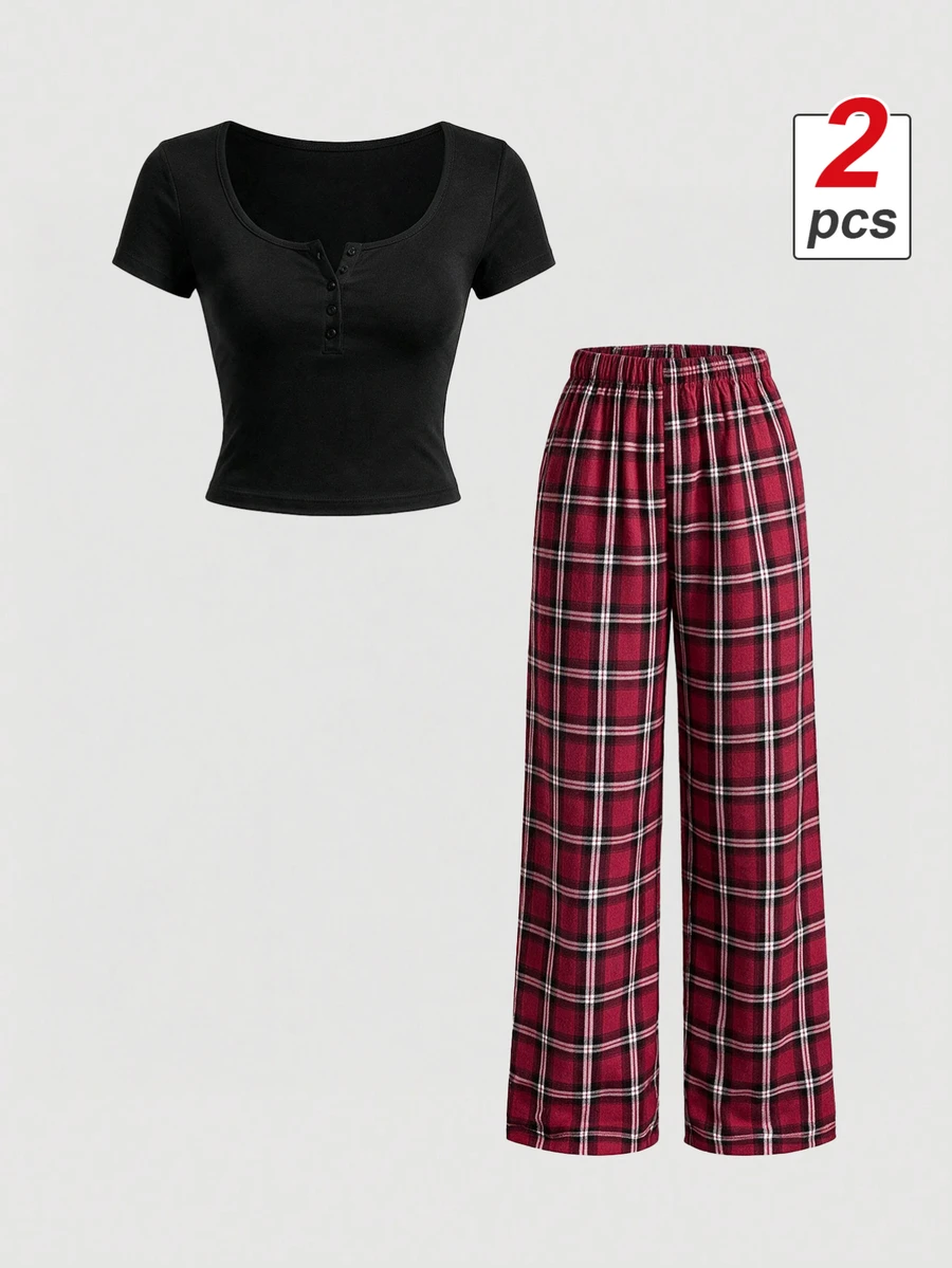 SHEIN MOD 2pcs/Set Sexy Slim Square Neck Button-Up Short Sleeve Top And Plaid Pants Loungewear - Black - View 1