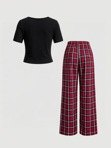 SHEIN MOD 2pcs/Set Atasan Lengan Pendek Kancing Depan Leher Persegi Seksi Ramping dan Celana Kotak-kotak untuk Bersantai - Hitam - View 4