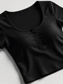 SHEIN MOD 2pcs/Set Atasan Lengan Pendek Kancing Depan Leher Persegi Seksi Ramping dan Celana Kotak-kotak untuk Bersantai - Hitam - View 5