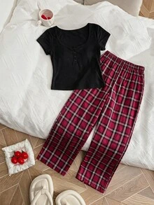 SHEIN MOD 2pcs/Set Atasan Lengan Pendek Kancing Depan Leher Persegi Seksi Ramping dan Celana Kotak-kotak untuk Bersantai - Hitam - View 7