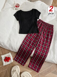 SHEIN MOD 2pcs/Set Atasan Lengan Pendek Kancing Depan Leher Persegi Seksi Ramping dan Celana Kotak-kotak untuk Bersantai - Hitam - View 1