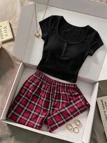 SHEIN MOD 2pcs/Set Atasan Lengan Pendek Kancing Depan Leher Persegi Seksi Ramping dan Celana Kotak-kotak untuk Bersantai - Hitam - View 8