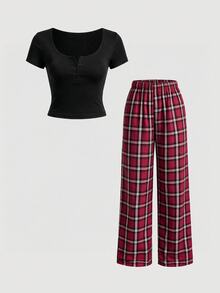 SHEIN MOD 2pcs/Set Atasan Lengan Pendek Kancing Depan Leher Persegi Seksi Ramping dan Celana Kotak-kotak untuk Bersantai - Hitam - View 9