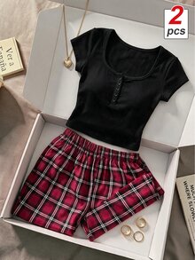 SHEIN MOD 2pcs/Set Atasan Lengan Pendek Kancing Depan Leher Persegi Seksi Ramping dan Celana Kotak-kotak untuk Bersantai - Hitam - View 2