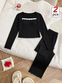 SHEIN MOD Y2K Style Women's Pajama Set With Lace Trim And Bow Decor Cozy And Elegant Details, Fall Winter Clothes - Black - View 2