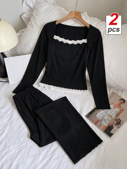 SHEIN MOD Set Piyama Wanita Gaya Y2K dengan Hiasan Renda dan Pita, Detail Nyaman dan Elegan, Pakaian Musim Gugur dan Musim Dingin