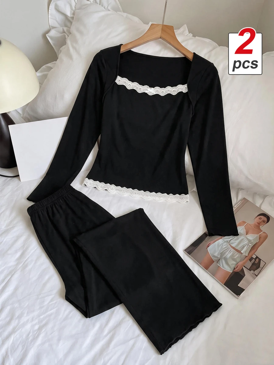 SHEIN MOD Y2K Style Women's Pajama Set With Lace Trim And Bow Decor Cozy And Elegant Details, Fall Winter Clothes - Black - View 1