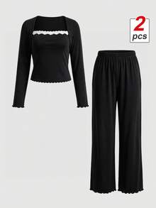 SHEIN MOD Y2K Style Women's Pajama Set With Lace Trim And Bow Decor Cozy And Elegant Details, Fall Winter Clothes - Black - View 3