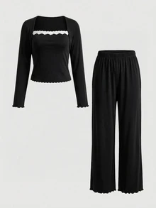 SHEIN MOD Y2K Style Women's Pajama Set With Lace Trim And Bow Decor Cozy And Elegant Details, Fall Winter Clothes - Black - View 8