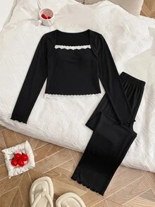 SHEIN MOD Y2K Style Women's Pajama Set With Lace Trim And Bow Decor Cozy And Elegant Details, Fall Winter Clothes - Black - View 7