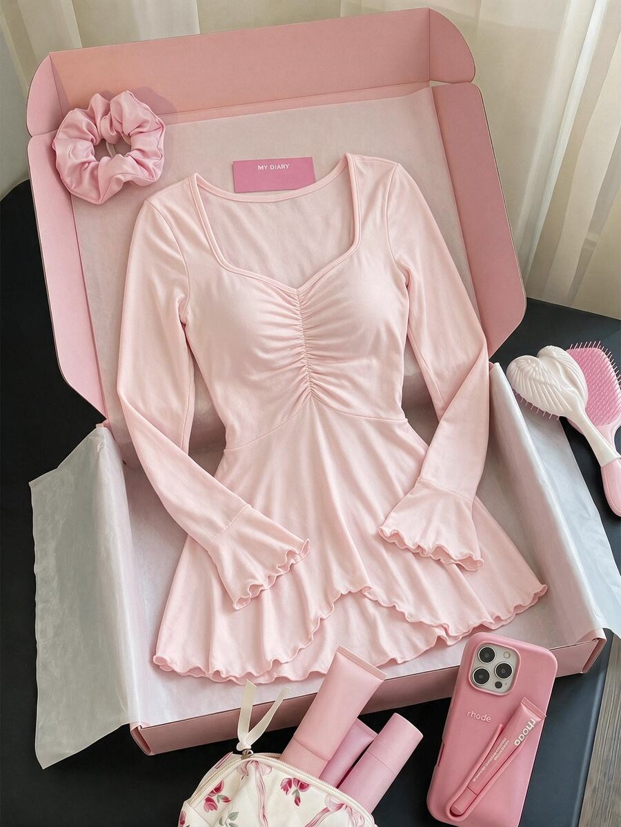 SHEIN MOD Women's Casual Ins-Style Homewear Dress Cozy And Elegant Details, For Outfit, Fall & Winter - Dusty Pink - View 1