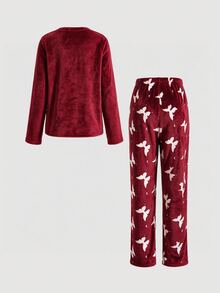 SHEIN MOD طقم بيجامة طويلة الأكمام مطبوع بالفراشات من الفلانيل، ملائم لفصلي الخريف والشتاء، مريح - عنابي اللون - مشاهدة 4