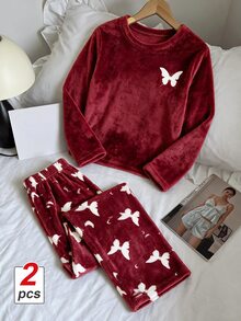 SHEIN MOD طقم بيجامة طويلة الأكمام مطبوع بالفراشات من الفلانيل، ملائم لفصلي الخريف والشتاء، مريح - عنابي اللون - مشاهدة 2