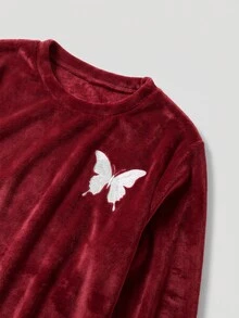 SHEIN MOD طقم بيجامة طويلة الأكمام مطبوع بالفراشات من الفلانيل، ملائم لفصلي الخريف والشتاء، مريح - عنابي اللون - مشاهدة 5