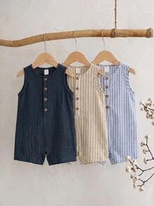 SHEIN 3件裝新生兒男嬰女嬰夏季休閒條紋皺褶面料連身衣套裝，基礎多件套裝，可愛條紋連身衣 - 彩色 - 查看 9