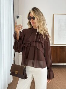 Easowa Women's Solid Color Stand Collar Raglan Long Sleeve Patchwork Ruffle Elegant Blouse - Brown - View 2