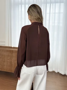 Easowa Women's Solid Color Stand Collar Raglan Long Sleeve Patchwork Ruffle Elegant Blouse - Brown - View 5