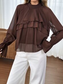 Easowa Women's Solid Color Stand Collar Raglan Long Sleeve Patchwork Ruffle Elegant Blouse - Brown - View 3