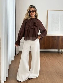 Easowa Women's Solid Color Stand Collar Raglan Long Sleeve Patchwork Ruffle Elegant Blouse - Brown - View 4