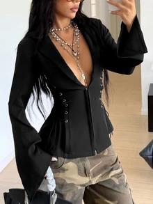 StreetHx Blazer Lengan Panjang Wanita Musim Gugur/Dingin - Hitam - View 4