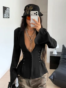 StreetHx Blazer Lengan Panjang Wanita Musim Gugur/Dingin - Hitam - View 5