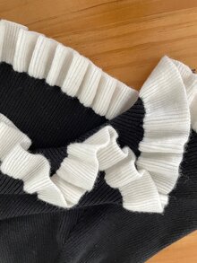 Easowa Women Black Ribbed Knit Elegant Mini Sweater Dress With Golden Buttons V Neck Long Sleeve And Ruffle Trim  Trending Outfits  Wedding  Work Outfits - Black and White - View 8