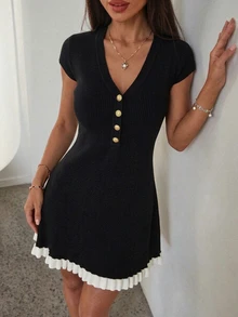 Easowa Women Black Ribbed Knit Elegant Mini Sweater Dress With Golden Buttons V Neck Long Sleeve And Ruffle Trim  Trending Outfits  Wedding  Work Outfits - Black and White - View 2