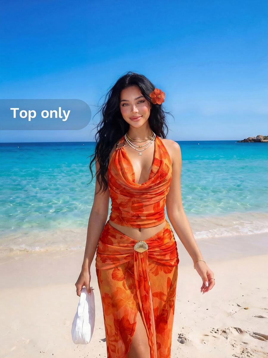 Sweetina Vacation Sexy Floral Print Asymmetric Metal Decor Women Tank Top - Orange - View 1