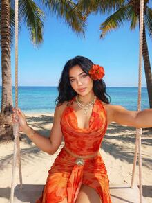 Sweetina Vacation Sexy Floral Print Asymmetric Metal Decor Women Tank Top - Orange - View 4