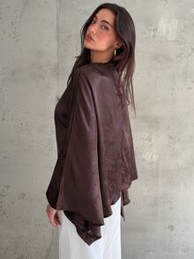 Aloruh Boat Neck Batwing Sleeve Cinched Waist Commuter Blouse,Going Out Brown Top,Going Out Tops, Fashionable Tops,Elegant Women's Blouses - Brown - View 8
