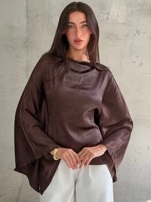 Aloruh Boat Neck Batwing Sleeve Cinched Waist Commuter Blouse,Going Out Brown Top,Going Out Tops, Fashionable Tops,Elegant Women's Blouses - Brown - View 3