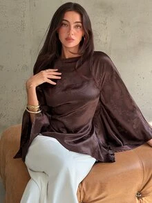 Aloruh Boat Neck Batwing Sleeve Cinched Waist Commuter Blouse,Going Out Brown Top,Going Out Tops, Fashionable Tops,Elegant Women's Blouses - Brown - View 7