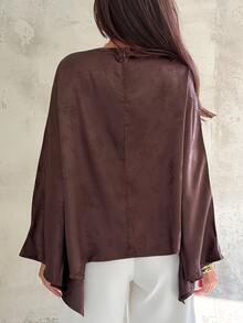 Aloruh Boat Neck Batwing Sleeve Cinched Waist Commuter Blouse,Going Out Brown Top,Going Out Tops, Fashionable Tops,Elegant Women's Blouses - Brown - View 4