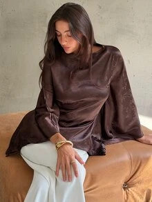 Aloruh Boat Neck Batwing Sleeve Cinched Waist Commuter Blouse,Going Out Brown Top,Going Out Tops, Fashionable Tops,Elegant Women's Blouses - Brown - View 6