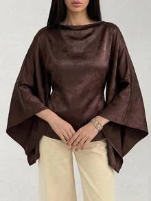 Aloruh Boat Neck Batwing Sleeve Cinched Waist Commuter Blouse,Going Out Brown Top,Going Out Tops, Fashionable Tops,Elegant Women's Blouses - Brown - View 2
