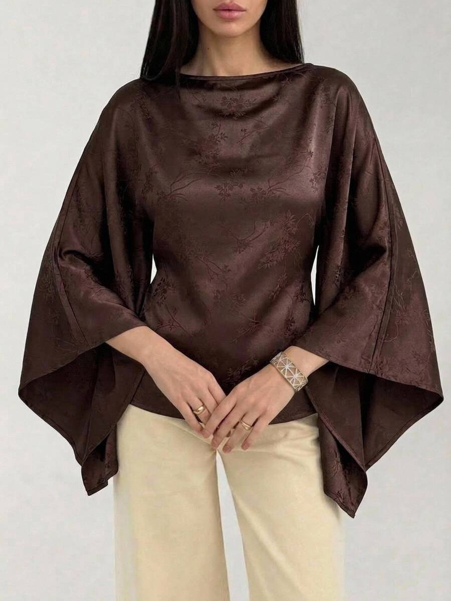 Aloruh Boat Neck Batwing Sleeve Cinched Waist Commuter Blouse,Going Out Brown Top,Going Out Tops, Fashionable Tops,Elegant Women's Blouses