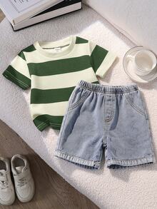 SHEIN 2pcs Baby Boy Casual Cute Black & White Striped Short Sleeve T-Shirt And Denim Shorts Set, Suitable For Spring/Summer - Green - View 4