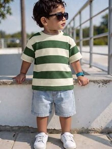 SHEIN 2pcs Baby Boy Casual Cute Black & White Striped Short Sleeve T-Shirt And Denim Shorts Set, Suitable For Spring/Summer - Green - View 7