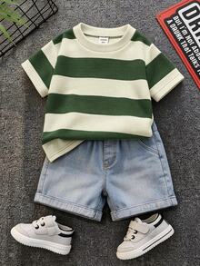 SHEIN 2pcs Baby Boy Casual Cute Black & White Striped Short Sleeve T-Shirt And Denim Shorts Set, Suitable For Spring/Summer - Green - View 1